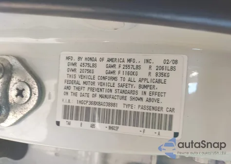 2008 Honda Accord 3.5 Ex-L z USA, uszkodzony, nr VIN 1HGCP368X8A038981